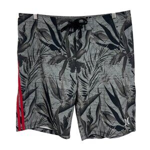 Hurley Mens 34 Gray Tropical Board Shorts Red Stripe Gray Stretch Swim EUC